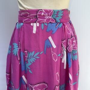 VTG 80s Cetro Fuchsia Pink Floral Midi Skirt Pleated High Waist Novelty Print XS